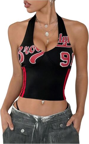 Women's Number Letter Graphic Jersey Halter Top Striped Sleeveless Fitted Y2K Crop Tops Streetwear in Saudi Arabia