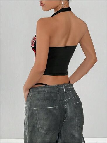 Women's Number Letter Graphic Jersey Halter Top Striped Sleeveless Fitted Y2K Crop Tops Streetwear in Saudi Arabia