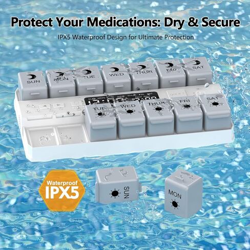 Weekly Pill Organizer with Alarms System, Removable Silicone Pill Box 7 Day 2 Time, Large Size Pill Case for Home and Travel, Secure Magnetic Base, Waterproof & Moisture Resistant (Blue) in Saudi Arabia