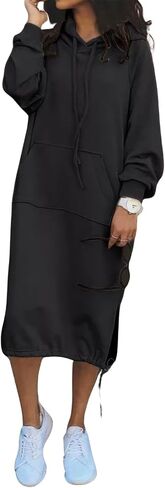 ebossy Women's Casual Loose Solid Color Drawstring Hoodie Fall Warm Cotton Sweatshirt Maxi Dress with Pocket in Saudi Arabia