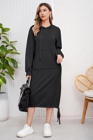 ebossy Women's Casual Loose Solid Color Drawstring Hoodie Fall Warm Cotton Sweatshirt Maxi Dress with Pocket in Saudi Arabia