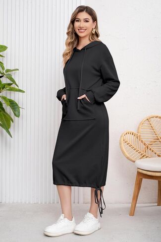 ebossy Women's Casual Loose Solid Color Drawstring Hoodie Fall Warm Cotton Sweatshirt Maxi Dress with Pocket in Saudi Arabia