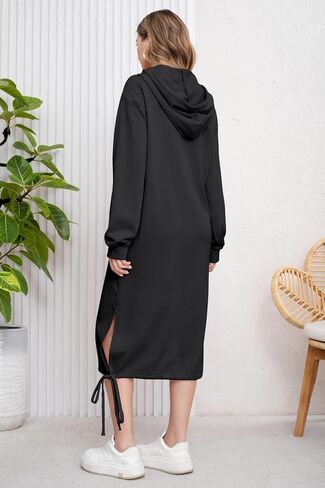ebossy Women's Casual Loose Solid Color Drawstring Hoodie Fall Warm Cotton Sweatshirt Maxi Dress with Pocket in Saudi Arabia