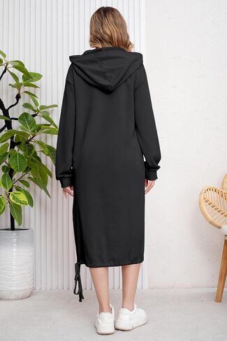 ebossy Women's Casual Loose Solid Color Drawstring Hoodie Fall Warm Cotton Sweatshirt Maxi Dress with Pocket in Saudi Arabia