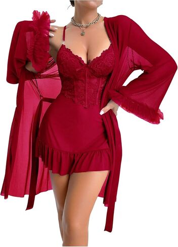 SHENHE Women's Sexy Lingerie Lace Babydoll Nightgown with Long Sleeve Robe Set Nightwear in Saudi Arabia