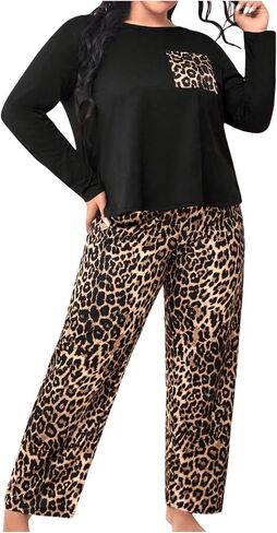 Women's Plus Size Pajama Sets 2 Piece Long Sleeve Pj Sets with Leopard Printed Long Pants Sleepwear Lounge Sets in Saudi Arabia