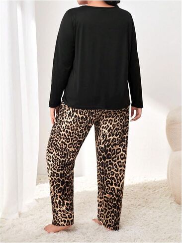 Women's Plus Size Pajama Sets 2 Piece Long Sleeve Pj Sets with Leopard Printed Long Pants Sleepwear Lounge Sets in Saudi Arabia
