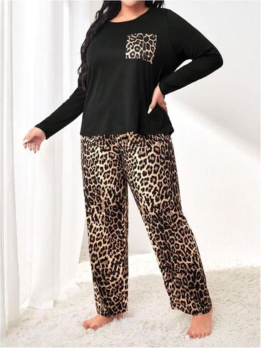Women's Plus Size Pajama Sets 2 Piece Long Sleeve Pj Sets with Leopard Printed Long Pants Sleepwear Lounge Sets in Saudi Arabia