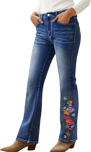 جينز واسع الحجم للنساء جينز Bootcut للنساء جينز قابل للتمدد ذو جرس سفلي للنساء مطرز بأرجل واسعة in Kuwait