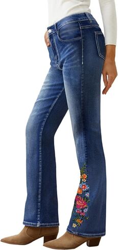 جينز واسع الحجم للنساء جينز Bootcut للنساء جينز قابل للتمدد ذو جرس سفلي للنساء مطرز بأرجل واسعة in Kuwait