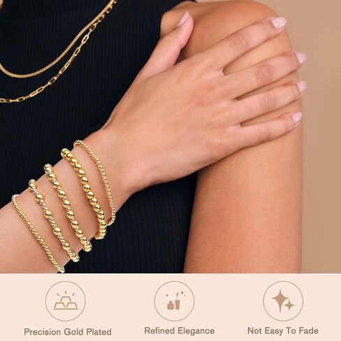 Gold Bracelets for Women, 14K Gold Plated Beaded Bracelet Gold Strand Bead Ball Stretch Bracelets in Saudi Arabia