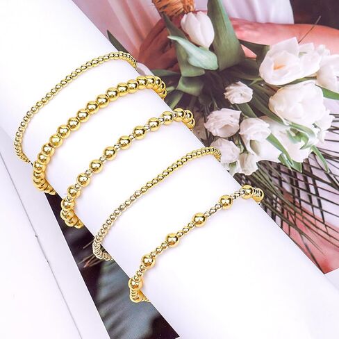 Gold Bracelets for Women, 14K Gold Plated Beaded Bracelet Gold Strand Bead Ball Stretch Bracelets in Saudi Arabia