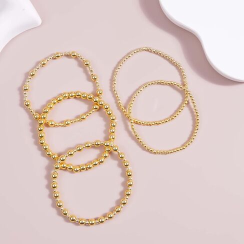 Gold Bracelets for Women, 14K Gold Plated Beaded Bracelet Gold Strand Bead Ball Stretch Bracelets in Saudi Arabia