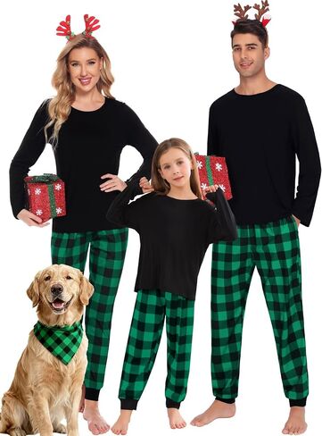 SWOMOG Christmas Pajamas for Women Men Long Sleeve Black Pull Over Top with Plaid Pajama Pants Pj Set Couples Pajama Set in Saudi Arabia
