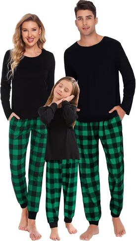 SWOMOG Christmas Pajamas for Women Men Long Sleeve Black Pull Over Top with Plaid Pajama Pants Pj Set Couples Pajama Set in Saudi Arabia
