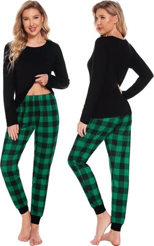 SWOMOG Christmas Pajamas for Women Men Long Sleeve Black Pull Over Top with Plaid Pajama Pants Pj Set Couples Pajama Set in Saudi Arabia