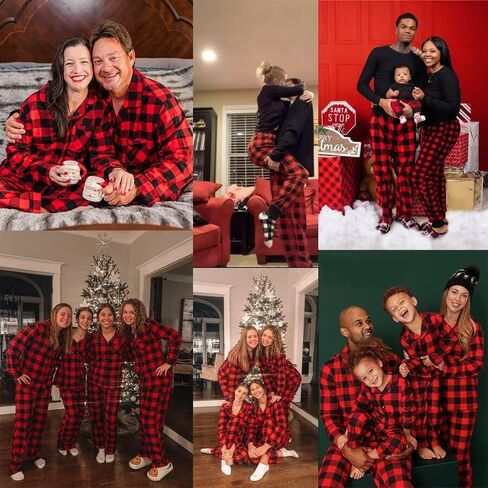 SWOMOG Christmas Pajamas for Women Men Long Sleeve Black Pull Over Top with Plaid Pajama Pants Pj Set Couples Pajama Set in Saudi Arabia