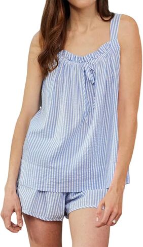 Women's Seersucker Pajamas Set Cute Striped Pjs Tank Top and Shorts Summer Beach Outfits in Saudi Arabia