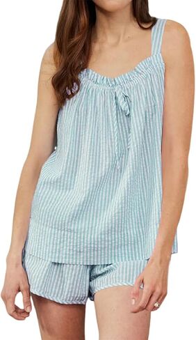 Women's Seersucker Pajamas Set Cute Striped Pjs Tank Top and Shorts Summer Beach Outfits in Saudi Arabia