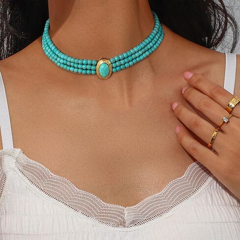 Turquoise Choker Necklaces for Women, Boho Multi-layered Beaded Necklaces, Trendy Jewelry Gift for Women Birthday Banquet Anniversary Make-up Party Summer Beach Holiday in Saudi Arabia