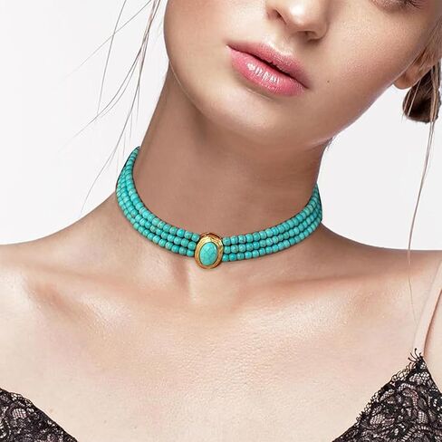 Turquoise Choker Necklaces for Women, Boho Multi-layered Beaded Necklaces, Trendy Jewelry Gift for Women Birthday Banquet Anniversary Make-up Party Summer Beach Holiday in Saudi Arabia