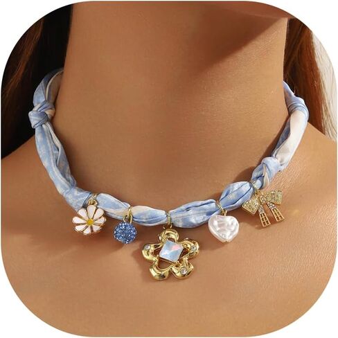 Scarf Necklace with Charm Gold Heart Flower Pendants Charm Necklaces Scarf Boho Beach Jewelry Gift for Women in Saudi Arabia