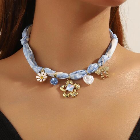 Scarf Necklace with Charm Gold Heart Flower Pendants Charm Necklaces Scarf Boho Beach Jewelry Gift for Women in Saudi Arabia
