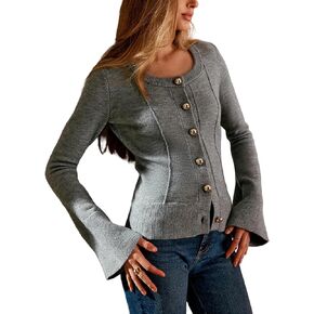 Women's Cardigan Sweater Round Neck Fitted Long Sleeve Lightweight Warm Knit Top in Kuwait