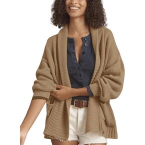 سترة صوفية نسائية من Xiaoxuemeng مفتوحة من الأمام بياقة شال وسترات صوفية مضلعة ملابس خارجية مع جيوب in Kuwait