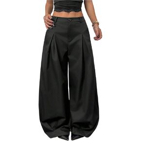 GORGLITTER Women's Pleated Barrel Pants Baggy Y2k Wide Leg Zipper Fly Oversized Trousers with Pockets in Kuwait