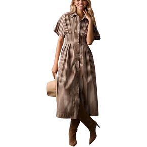 Women Striped Button Down Pleated Shirt Dress Summer Short Sleeve Ruffle A Line Swing Long Blouse Midi Long Dress in Kuwait