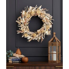 26 inch Golden Wild Flower Wreath, Artificial Flax Grass, Mini Mums, Wild Delphinium, & Millet, Neutral Color, Indoor Fall Home Decor, Front Door Display - by Seasonal LLC in Saudi Arabia
