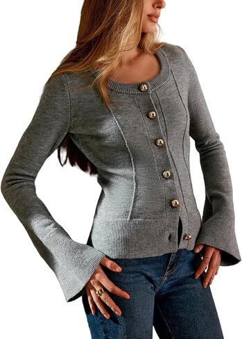 Women's Cardigan Sweater Round Neck Fitted Long Sleeve Lightweight Warm Knit Top in Kuwait