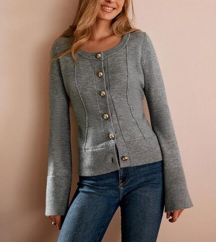 Women's Cardigan Sweater Round Neck Fitted Long Sleeve Lightweight Warm Knit Top in Kuwait