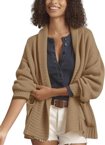 سترة صوفية نسائية من Xiaoxuemeng مفتوحة من الأمام بياقة شال وسترات صوفية مضلعة ملابس خارجية مع جيوب in Kuwait