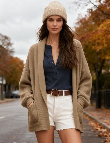 سترة صوفية نسائية من Xiaoxuemeng مفتوحة من الأمام بياقة شال وسترات صوفية مضلعة ملابس خارجية مع جيوب in Kuwait