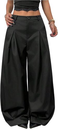 GORGLITTER Women's Pleated Barrel Pants Baggy Y2k Wide Leg Zipper Fly Oversized Trousers with Pockets in Saudi Arabia