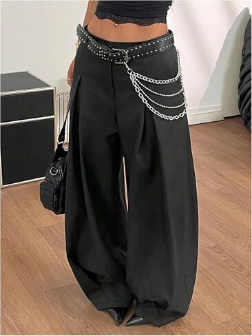 GORGLITTER Women's Pleated Barrel Pants Baggy Y2k Wide Leg Zipper Fly Oversized Trousers with Pockets in Saudi Arabia