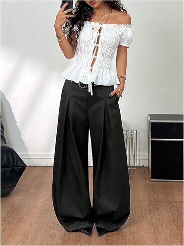 GORGLITTER Women's Pleated Barrel Pants Baggy Y2k Wide Leg Zipper Fly Oversized Trousers with Pockets in Saudi Arabia