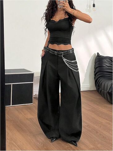 GORGLITTER Women's Pleated Barrel Pants Baggy Y2k Wide Leg Zipper Fly Oversized Trousers with Pockets in Saudi Arabia