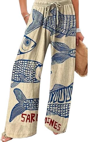 Women's Sardine Graphic Palazzo Pants Elastic Wide Leg High Waisted Baggy Boho Vacation Pants with Pocket in Saudi Arabia