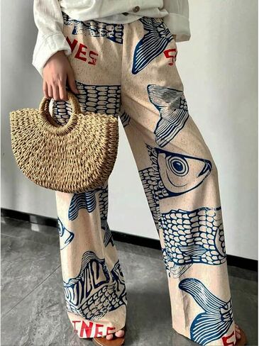 Women's Sardine Graphic Palazzo Pants Elastic Wide Leg High Waisted Baggy Boho Vacation Pants with Pocket in Saudi Arabia