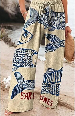 Women's Sardine Graphic Palazzo Pants Elastic Wide Leg High Waisted Baggy Boho Vacation Pants with Pocket in Saudi Arabia