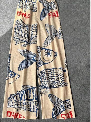 Women's Sardine Graphic Palazzo Pants Elastic Wide Leg High Waisted Baggy Boho Vacation Pants with Pocket in Saudi Arabia