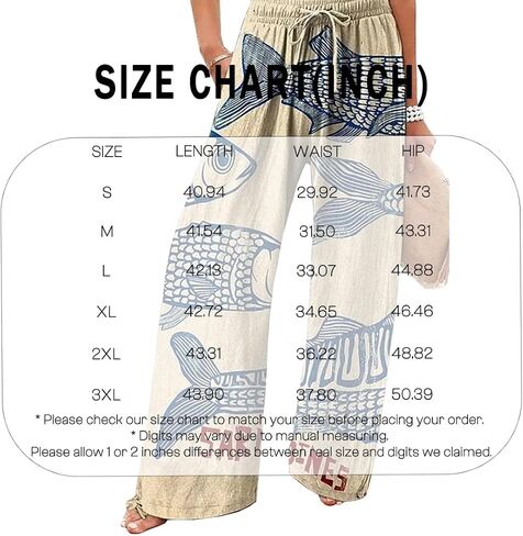 Women's Sardine Graphic Palazzo Pants Elastic Wide Leg High Waisted Baggy Boho Vacation Pants with Pocket in Saudi Arabia