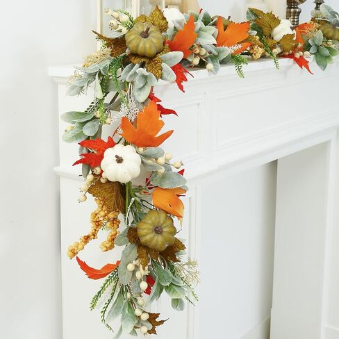 Joyhalo Artificial Fall Leaf Garland, Greenery Garland with Pumpkins and Eucalyptus for Table, Mantle, Fireplace, Thanksgiving Decorations and Fall Wedding Decor in Kuwait