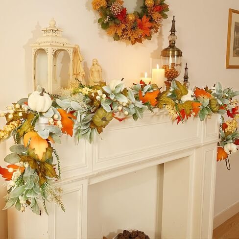 Joyhalo Artificial Fall Leaf Garland, Greenery Garland with Pumpkins and Eucalyptus for Table, Mantle, Fireplace, Thanksgiving Decorations and Fall Wedding Decor in Kuwait