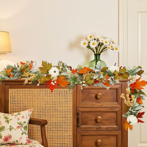 Joyhalo Artificial Fall Leaf Garland, Greenery Garland with Pumpkins and Eucalyptus for Table, Mantle, Fireplace, Thanksgiving Decorations and Fall Wedding Decor in Kuwait