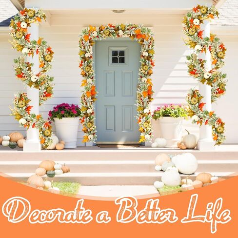 Joyhalo Artificial Fall Leaf Garland, Greenery Garland with Pumpkins and Eucalyptus for Table, Mantle, Fireplace, Thanksgiving Decorations and Fall Wedding Decor in Kuwait