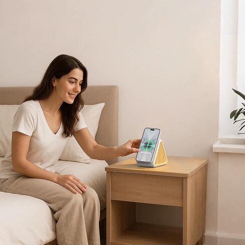 جهاز صوت هاوسباي مع شاحن لاسلكي مغناطيسي لهاتف iPhone، تصميم 2 في 1 لمنضدة خالية من الفوضى، صوت ستيريو مزدوج مكبر الصوت للنوم - كريمي in Kuwait